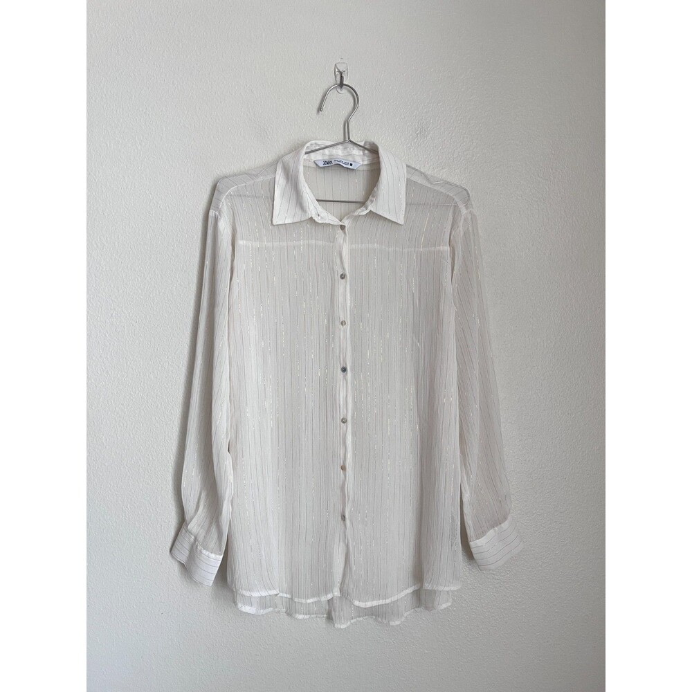 Zara WSheer Metallic Stripe Button Down Top in Ivory/Gold Size MEDIUM